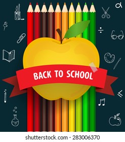 Welcome back to school with Apple and Colour pencils background, vector illustration.