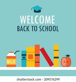 Welcome back to school background. Book shelf with books, milk and apple. Vector illustration