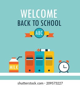 Welcome back to school background. Books, clock and milk. Vector illustration