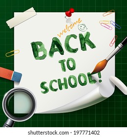 Welcome Back to school background or card with eraser, brush and lupe.    Vector illustration.