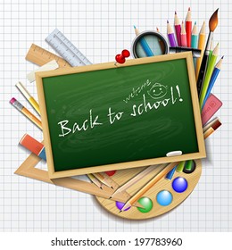 Welcome Back to school background or card with rulers, pencils, brush and colors.    Vector illustration.