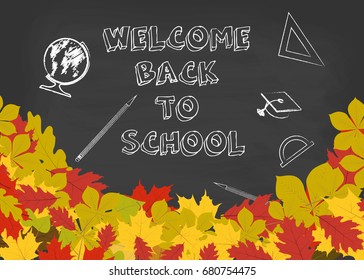 Welcome back to school background with chalkboard and autumn leaves. Vector illustration.