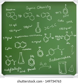 Welcome back to school background. Chemical formulas on green chalkboard