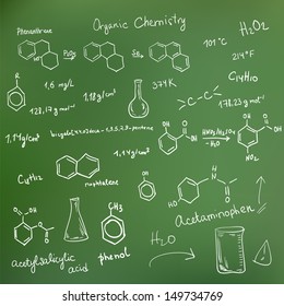 Welcome back to school background. Chemical formulas on green chalkboard