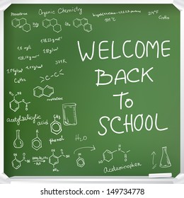 Welcome back to school background. Chemical formulas on green chalkboard
