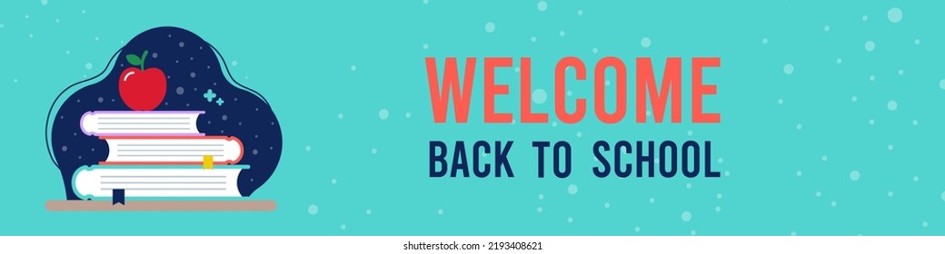 Welcome back to school background. Colorful horizontal banner. A red apple on top of a stack of school books. Concept of education. Vector illustration, flat design