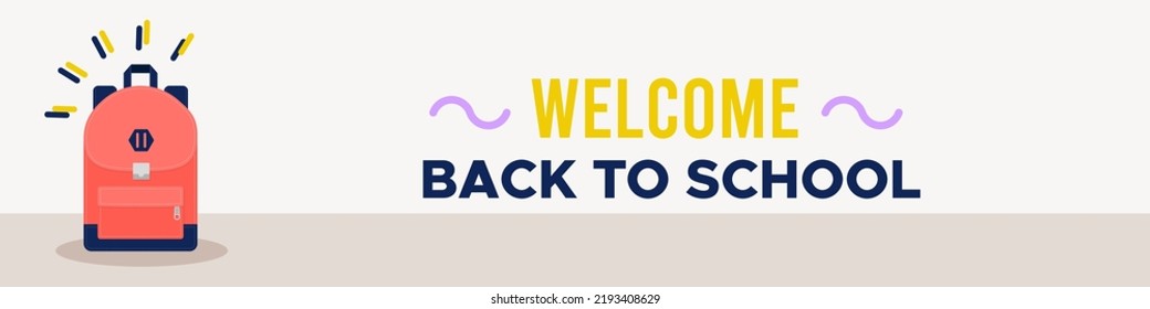 Welcome back to school background. Colorful horizontal banner. Backpack icon. Concept of education. Vector illustration, flat design