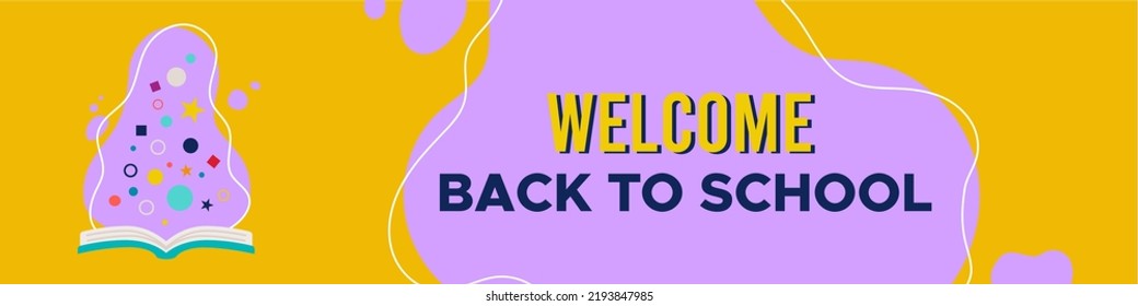 Welcome back to school background. Colorful horizontal banner. Open book as a symbol of knowledge, culture, inspiration. Concept of education. Vector illustration, flat design