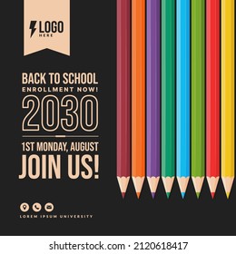 Bienvenidos de vuelta a la escuela con lápices de colores, pancarta de Concepto de Educación con el diseño de letras de regreso a la escuela