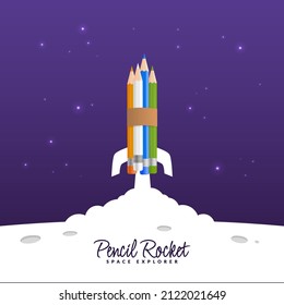 Welcome back to school background with colour pencils, Concept of education banner with  pencils rocket launching to space