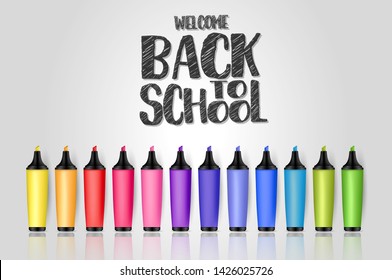 Welcome back to school background concept with colorful markers and drop shadow. Vector illustration.