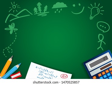 Welcome back to school background with drawing by chalk on green blackboard and school items. Sale discount special offer vector design for web banner with doodle on chalkboard