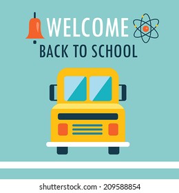 Welcome back to school background. Flat design template with school bus. Vector illustration
