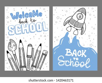 Welcome back to school. Background with hand drawn school elements in flat outline style and lettering. The concept of education. Create poster, cover, card, print, banner, flyer, web.