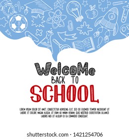 Welcome back to school. Background with hand drawn school elements in flat outline style, lettering and abstract form. Concept of education. Create poster, cover, card, print, banner.