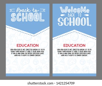 Welcome back to school. Background with hand drawn school elements in flat outline style and lettering. Concept of education. Create poster, cover, card, print, banner, flyer, web.
