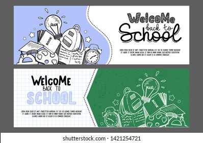 Welcome back to school. Background with hand drawn school elements in flat outline style and lettering. Concept of education. Create poster, cover, card, print, banner, web.