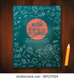 Welcome back to school background, with hand drawn doodle elements and realistic pencil.  Vector template for flyer or poster, brochure design. 