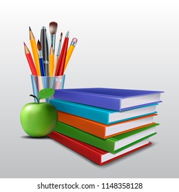 Welcome back to school background. School items and elements. Colorful books, pens, pencils, brushes and green apple. Vector illustration banner.