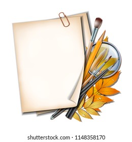Welcome back to school background. School items and elements. Paper sheet with autumn leaves, pens, pencils, brushes and magnifying glass on white background.