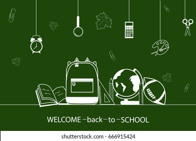 Welcome Back to school background in mono line style with school supplies icons. design template for banner, poster. Detailed vector illustration.