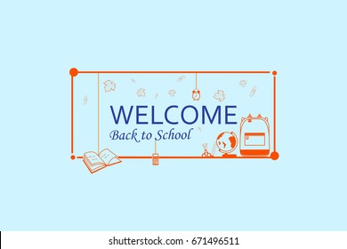 Welcome Back to school background in mono line style with school supplies icons. design template for banner, poster. Detailed vector illustration.