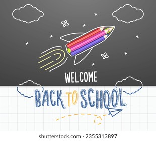 Welcome back to school background on school blackboard with rocketship made of pencils and white graph paper