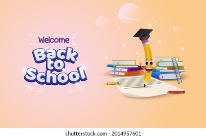 welcome back to school background with pencil writing on paper. ready for study. editable text effect