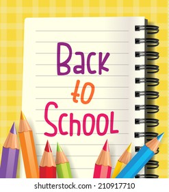 Welcome Back to School Background with Pencils, Papers and School Items. Vector Illustration