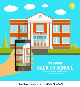 Welcome back to School background with place for your text and hand with phone. Elementary School design template. Back to School banner for website template, cards, posters, logo. 
