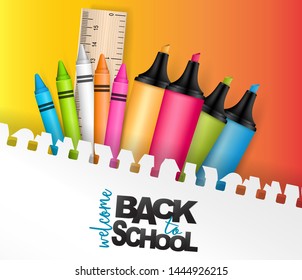 Welcome back to school background for shopping promotion with stationery for kids education - highlighters, crayons, ruler, notebooks. Typography text on a torn out sheet of paper. Vector illustration