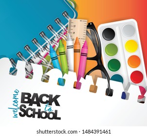 Welcome back to school background for shopping promotion with stationery for kids education - highlighters, crayons, ruler, notebooks. Typography text on a torn out sheet of paper.