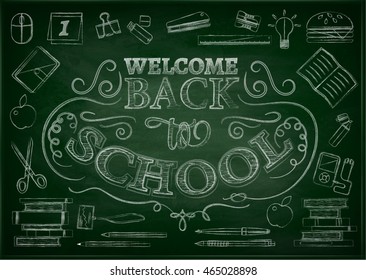 Welcome back to school background with stationery and books, vector illustration. Sale backdrop. White chalk lettering on green blackboard.