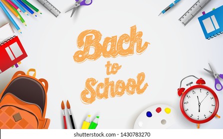 welcome back to school background. school supplies on white background
