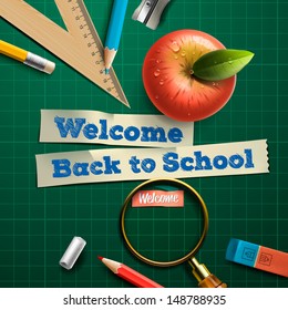 Welcome back to school background with school supplies, vector illustration. 