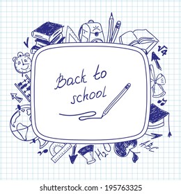 Welcome back to school, school background of school supplies. Vector illustration.