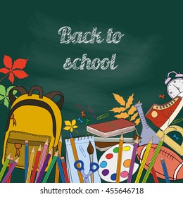 Welcome back to school background with school supplies. Vector illustration.