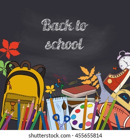 Welcome back to school background with school supplies. Vector illustration.