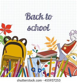 Welcome back to school background with school supplies. Vector illustration.