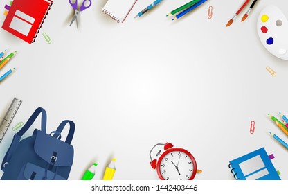 welcome back to school background template. school supplies on white background