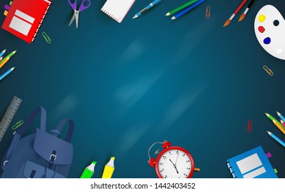 welcome back to school background template. school supplies on blue background