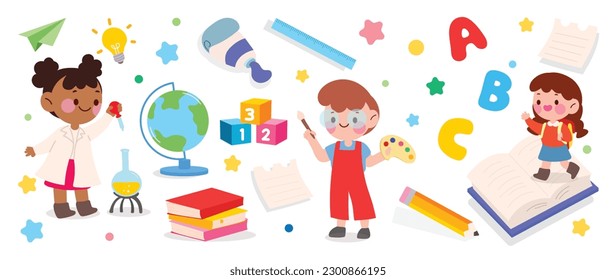 Welcome back to school  background vector. Cute childhood illustration with student, book, lab tube, globe, ruler, color plate, pen. Back to school collection for prints, education, banner.