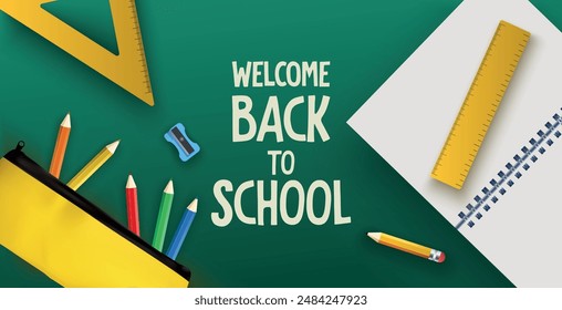 Welcome Back to School Background with, pencil case, colorful pencil, notebook, ruler and green background. Vector illustration for banner, website, sale, discount, promo, flyer, brochure, school back