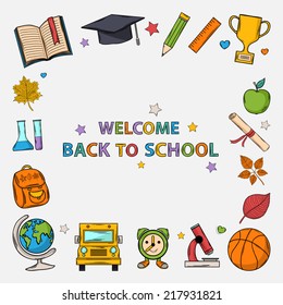 Welcome back to school background with:hat graduate,scroll, apple,book,flasks, basketball,alarm clock, backpack, school bus,globe,ruler,microscope