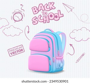 Welcome Back to School Backpack front back all angles Ruler Magnifier Orange Watercolor Pink Blue