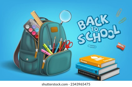 Bienvenido de vuelta a la escuela con mochila y Bloc de notas, pluma, colores, regla, tijeras, amplificador, borrador, clip de papel, delineador de lápiz, acuarela, libros de color, vector de suministros de pincel