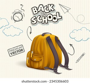 Welcome Back to School with Backpack and Notepad, Pen, Colors, Ruler, Scissors, Magnifier, Eraser, Paper Clip, Pencil Sharpener, Watercolor, Brush Supplies Vector