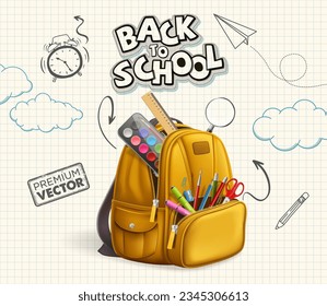 Welcome Back to School with Backpack and Notepad, Pen, Colors, Ruler, Scissors, Magnifier, Eraser, Paper Clip, Pencil Sharpener, Watercolor, Brush Supplies Vector