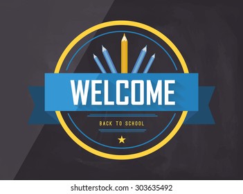 welcome back to school badge in blue and yellow on blackboard background