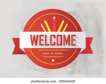 welcome back to school badge in red and yellow on paper background